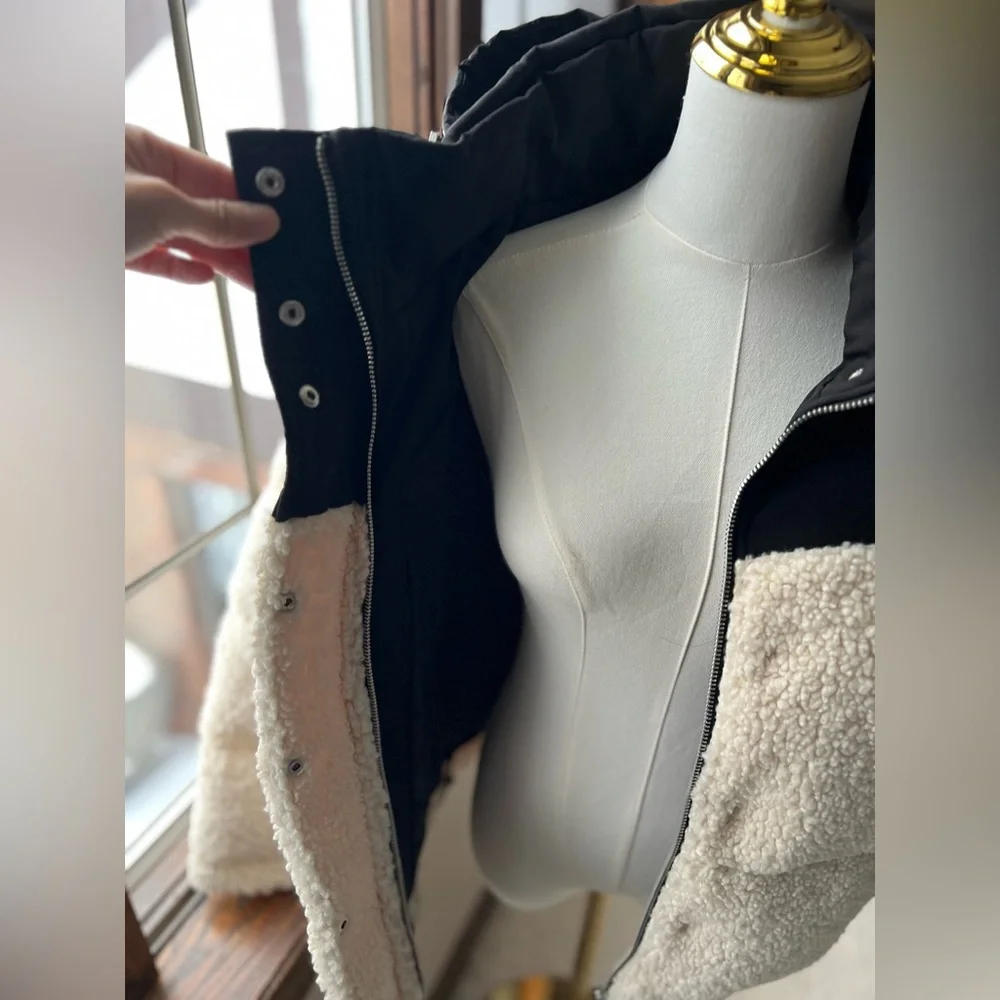 Maje Black Cream High Pile Fleece Faux Shearling Hoodie Puffer Jacket Sz 0 (XS) - Picture 13 of 16